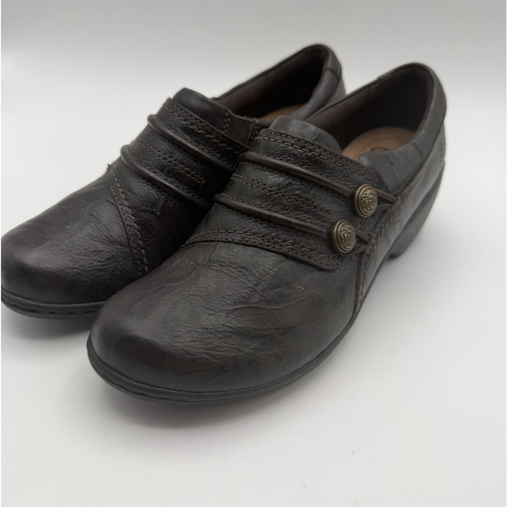 Clarks Mottled Brown Leather Women's Shoes Sz‎ 7 M Rose Button Slip On Comfort